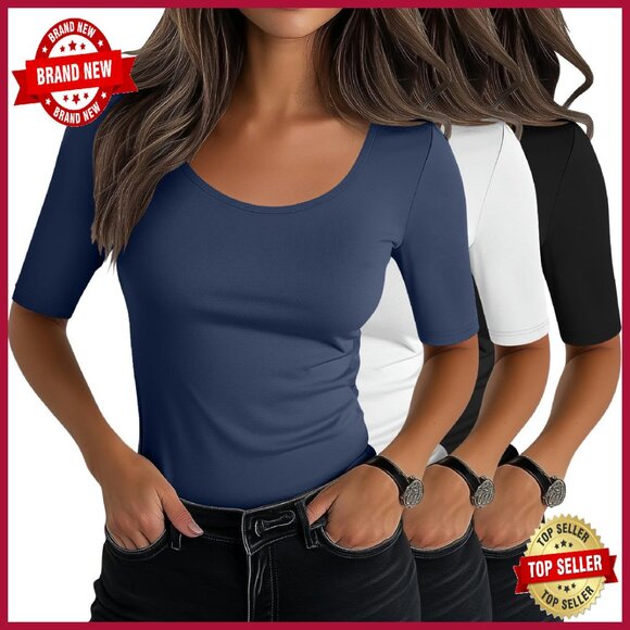 3 Pack Scoop Neck Half Sleeve Slim Fitted Cotton Blend Tees